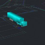 A 3d model of a vehicle swept path analysis of an articulated lorry created by jp-transport-highway-consultant.co.uk