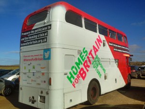 Betsy the bus for Homes For Britain campaign supported by jp-transport-highway-consultant.co.uk in Cornwall